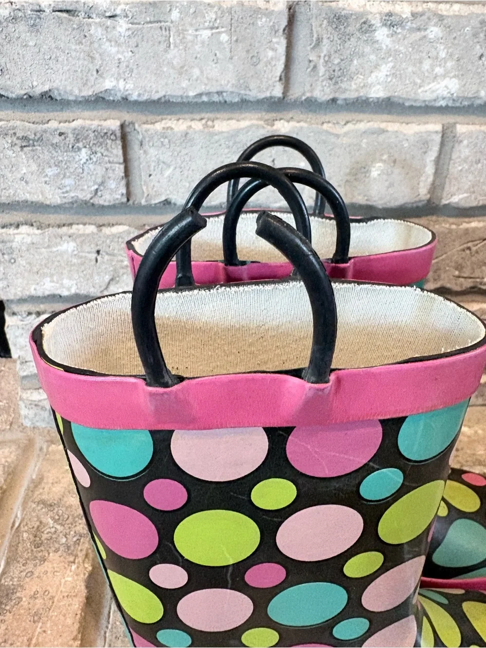 Western Chief Kids Black Rain Boots with Pink, Teal & Lime Polka Dots